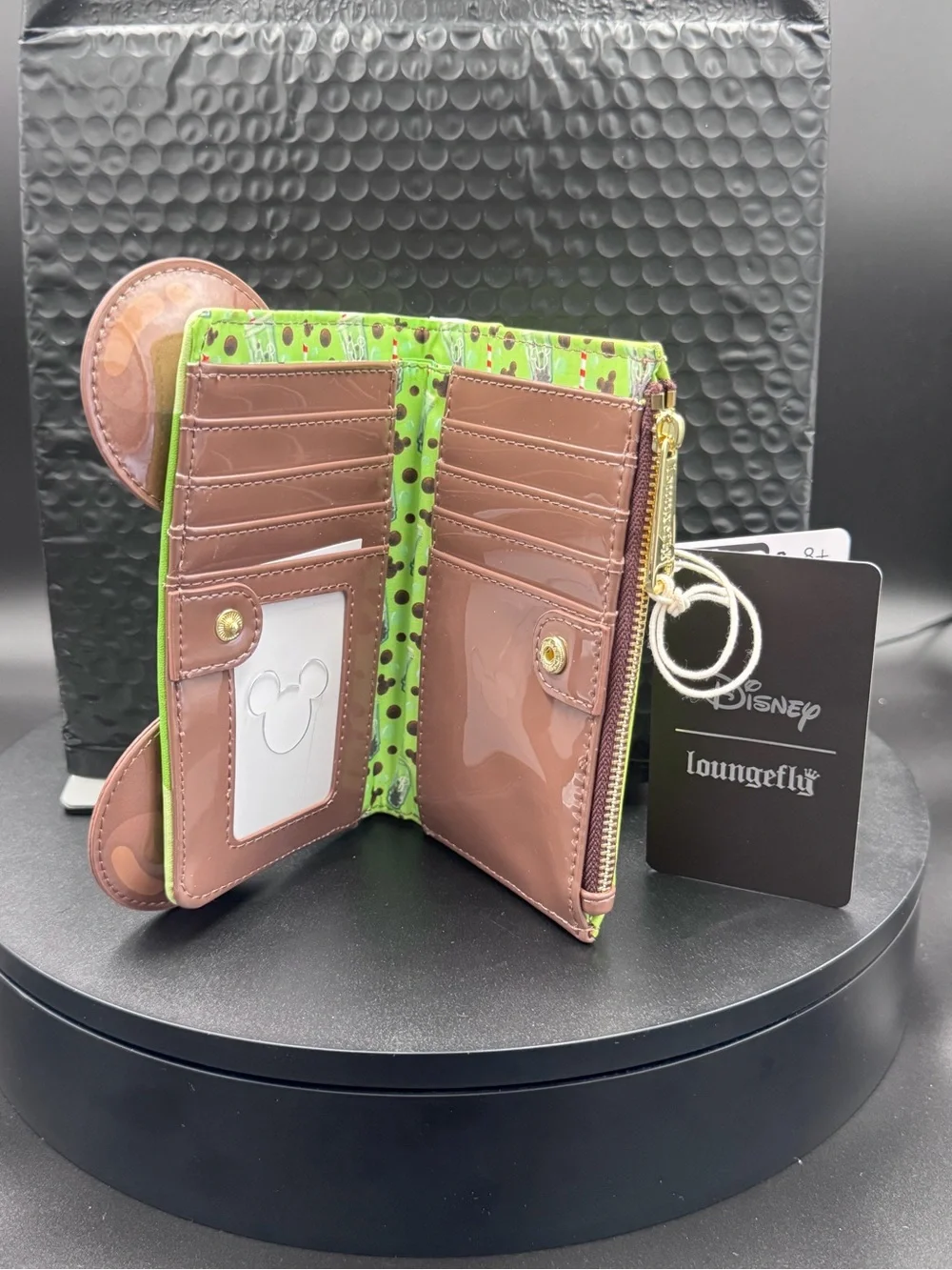 Loungefly  Boba Tea Neon Green Mickey Ear Zip Wallet with Brown Ears